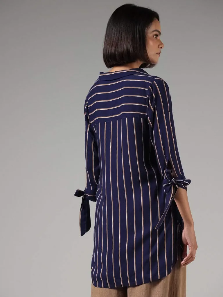 LOV Indigo Blue Striped Tie-Up Sleeves Shirt