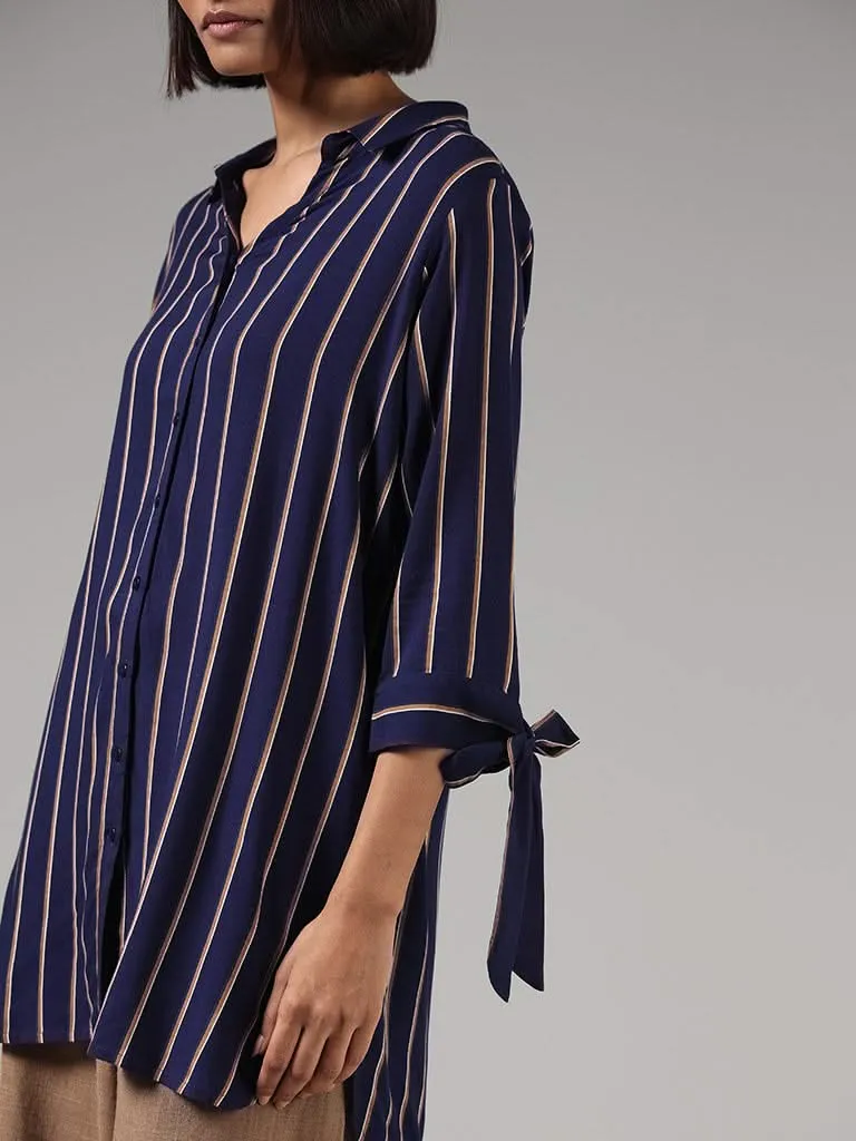 LOV Indigo Blue Striped Tie-Up Sleeves Shirt