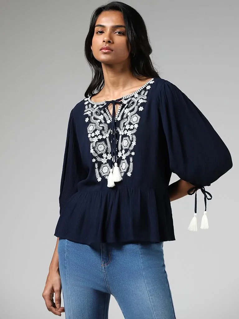 LOV Navy Blue Floral Embroidered Top