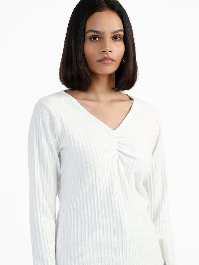 LOV Weaved V Neck White Sweater