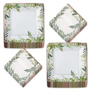 Love and Green Leaves Gold Metallic Square Bridal Dinner Plates and Luncheon Napkins (Serves 16)