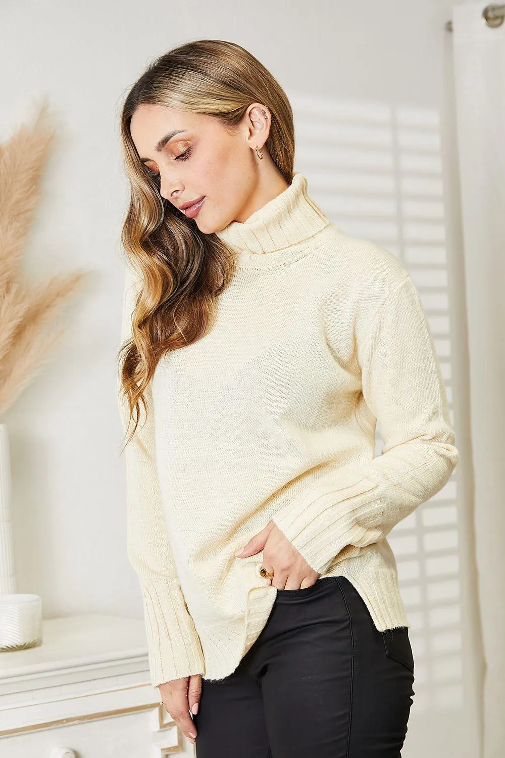 Love Her Long Sleeve Turtleneck Sweater with Side Slit