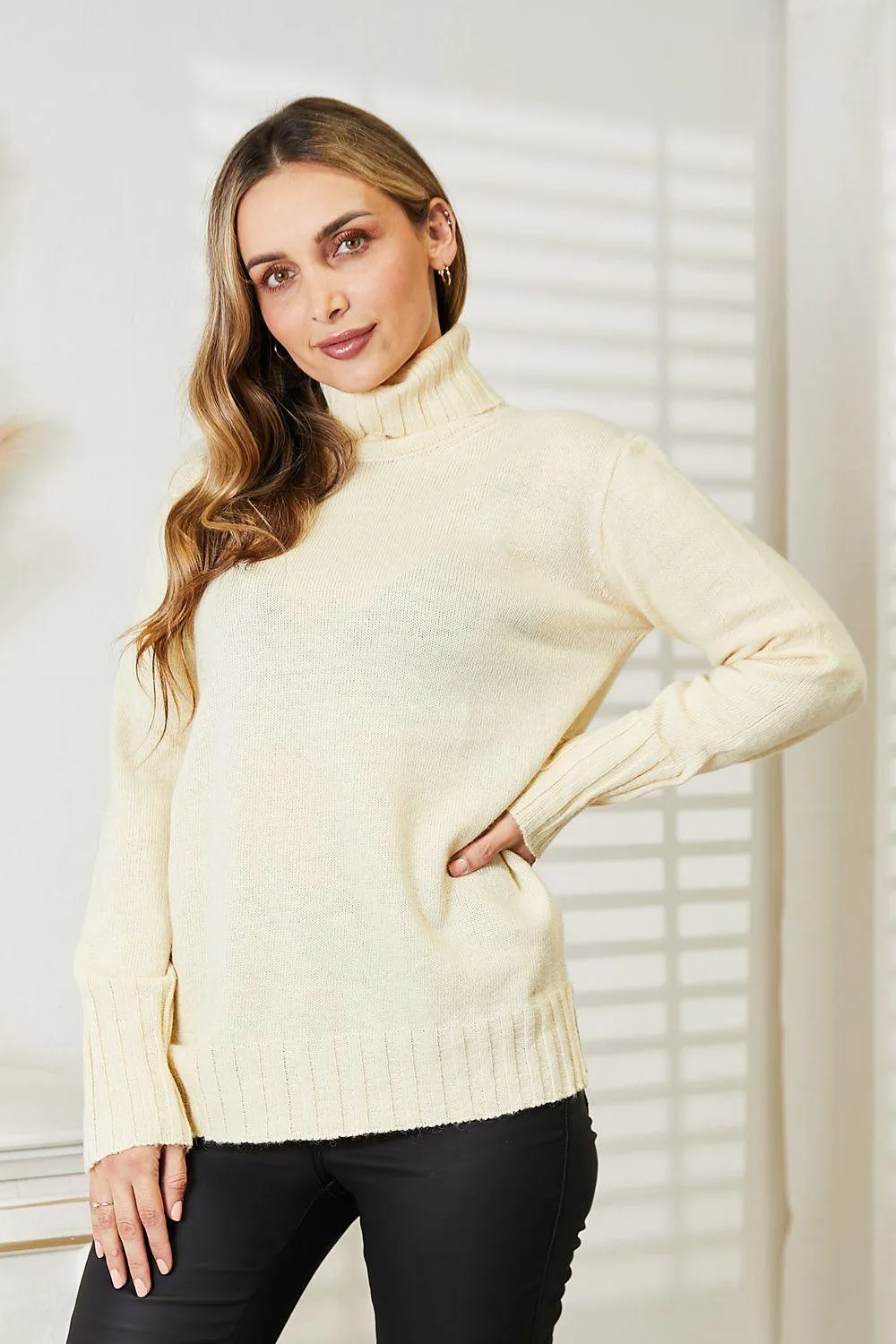 Love Her Long Sleeve Turtleneck Sweater with Side Slit