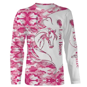 Love Horse Tattoo Pink Camo Customize Name 3D All Over Printed Long Sleeve Shirts Personalized Gift For Horse Lovers