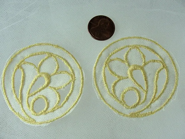 Lovely 1920s Art Deco Yellow Embroidered  Pair Cutwork Floral Appliques Great For Hats Bags Flapper Head Bands Dresses Downton Abbey Era