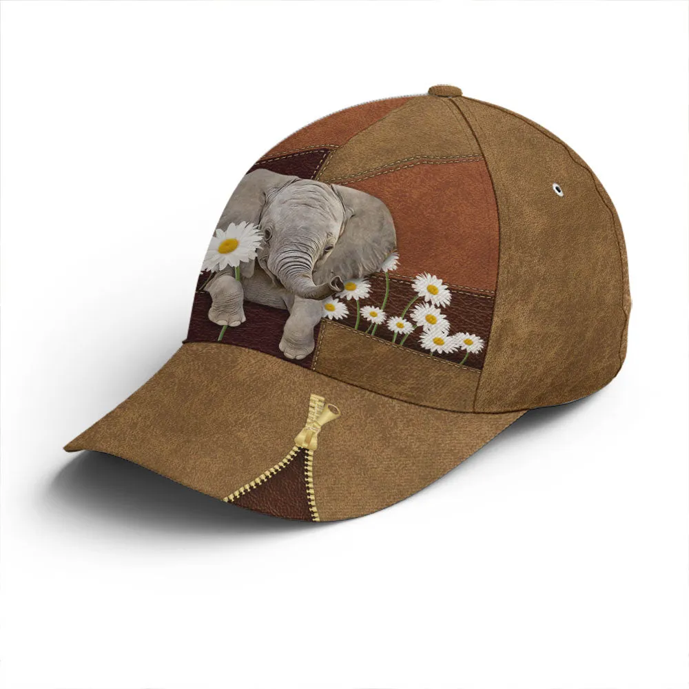 Lovely Elephant Daisy Flowers Leather Baseball Cap Coolspod