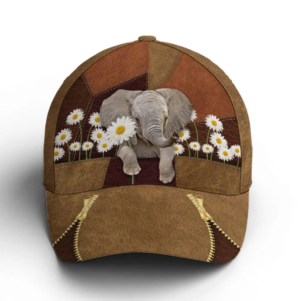 Lovely Elephant Daisy Flowers Leather Baseball Cap Coolspod