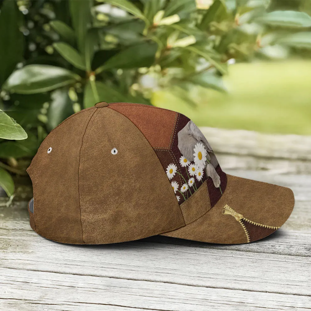 Lovely Elephant Daisy Flowers Leather Baseball Cap Coolspod