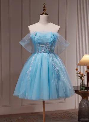 Lovely Light Blue Tulle Short Beaded Formal Dress, Blue Homecoming Dress