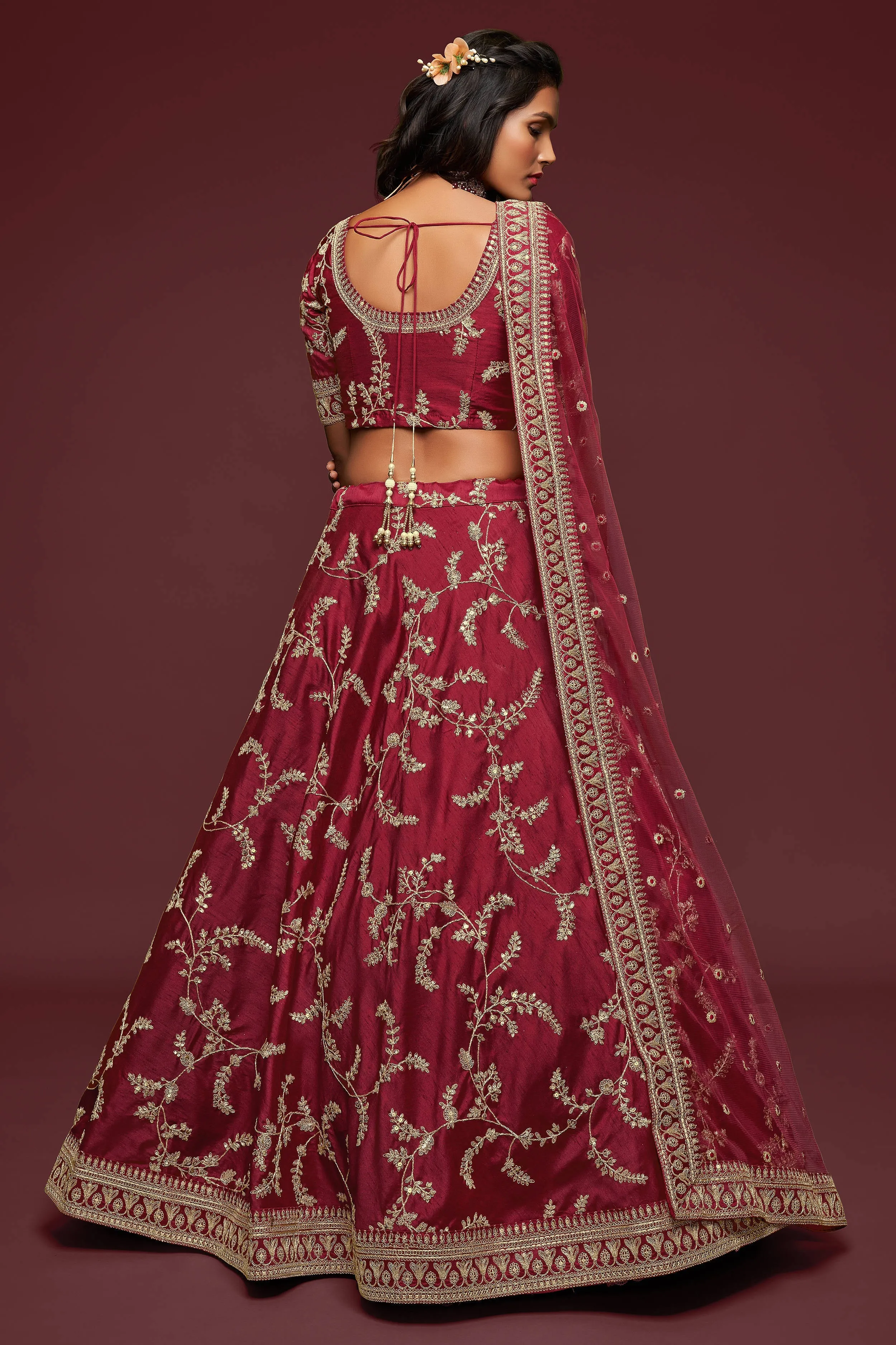 Lovely Maroon Thread Embroidered Silk Wedding Wear Lehenga Choli