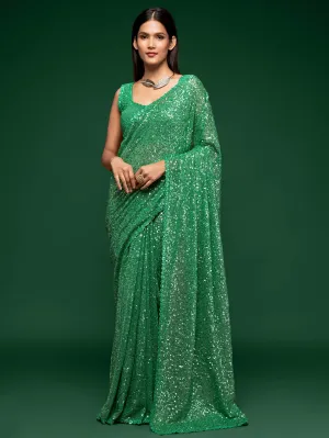 Lovely Mint Green Sequined Georgette Party Wear Saree