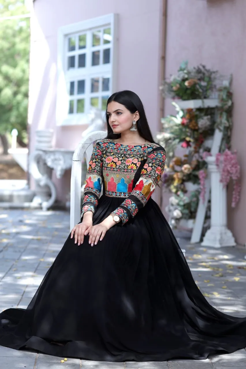 Lovely Multi Embroidery Work Full Sleeves Gown