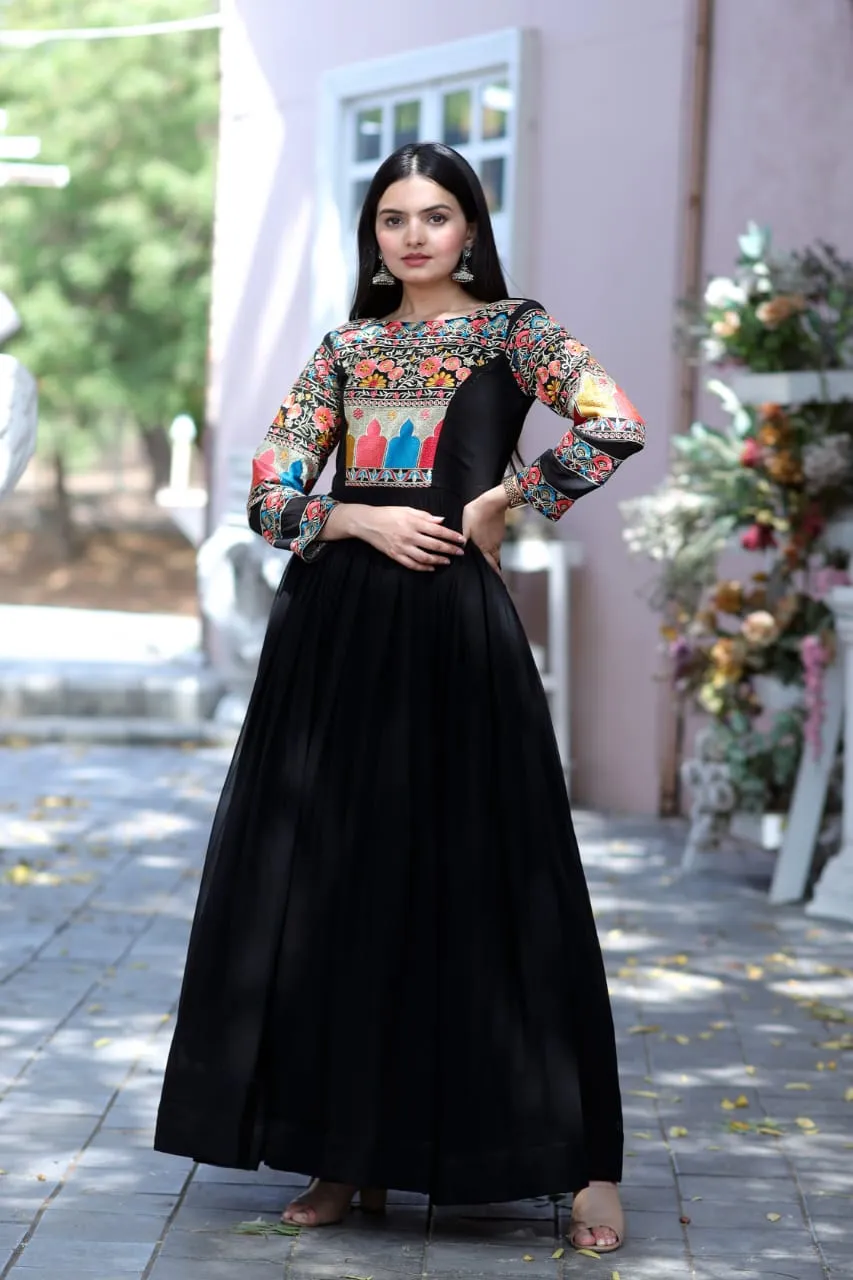 Lovely Multi Embroidery Work Full Sleeves Gown