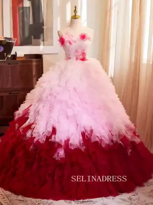 Lovely Pink Red Ball Gown Princess Dress Elegant Strapless Tulle Formal Dress JKL2592