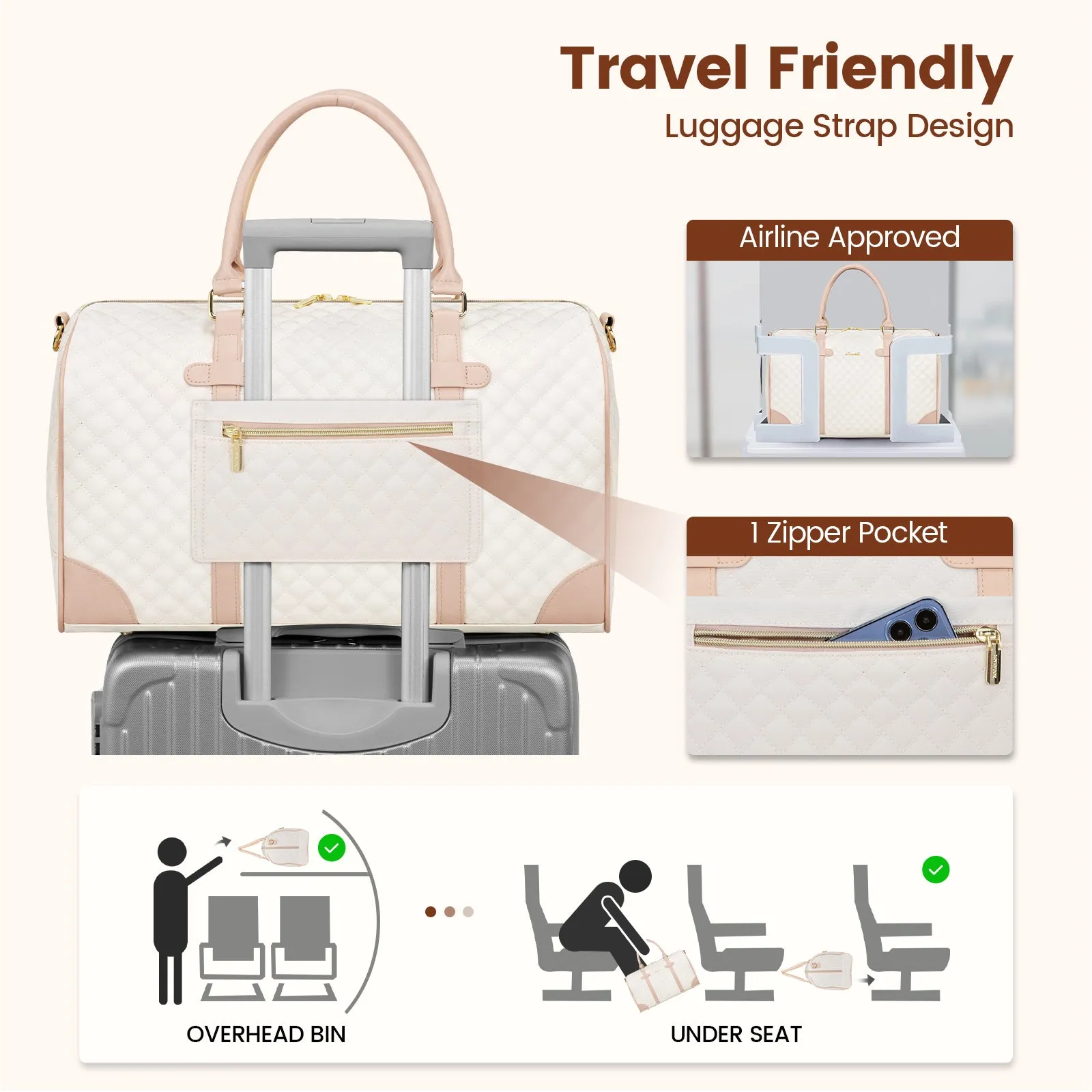 Lovevook All-in-One 3-Piece Beige & Pink Travel Set for Weekend Escapes