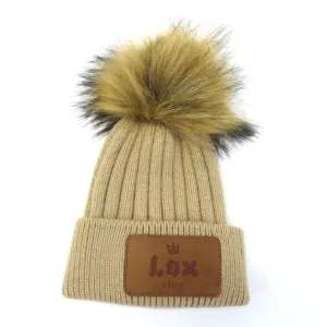 Lox Lion Single Pom Pom Angora Wool Winter Baby Toque - Camel (Small, 0-12 Months)