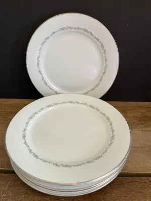 <€€ Vintage Noritake Crestmont 6013 China Set/6 10.5” Dinner Plates Gray Platinum Rim