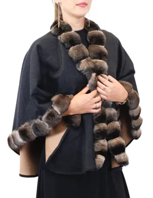 <b>REVERSIBLE</b> CASHMERE CAPE/PONCHO WITH BROWN CHINCHILLA FUR TRIM