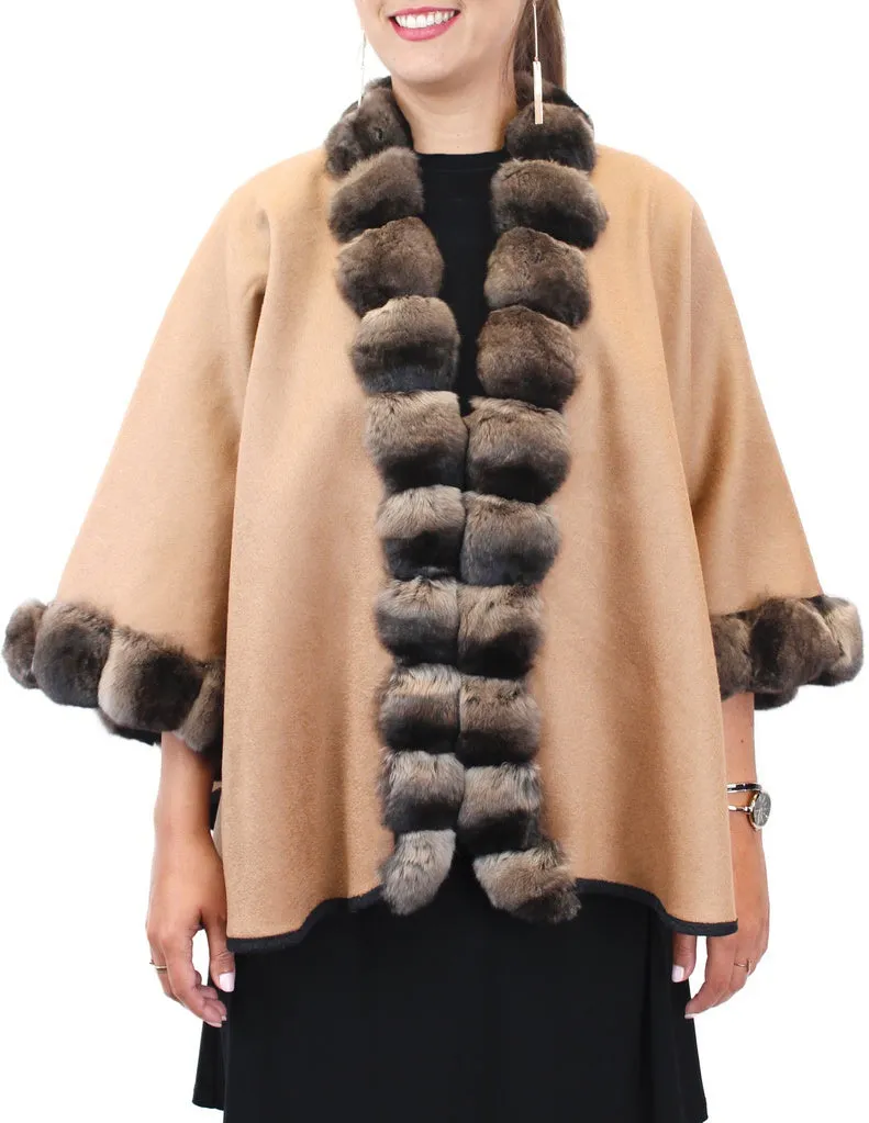 <b>REVERSIBLE</b> CASHMERE CAPE/PONCHO WITH BROWN CHINCHILLA FUR TRIM