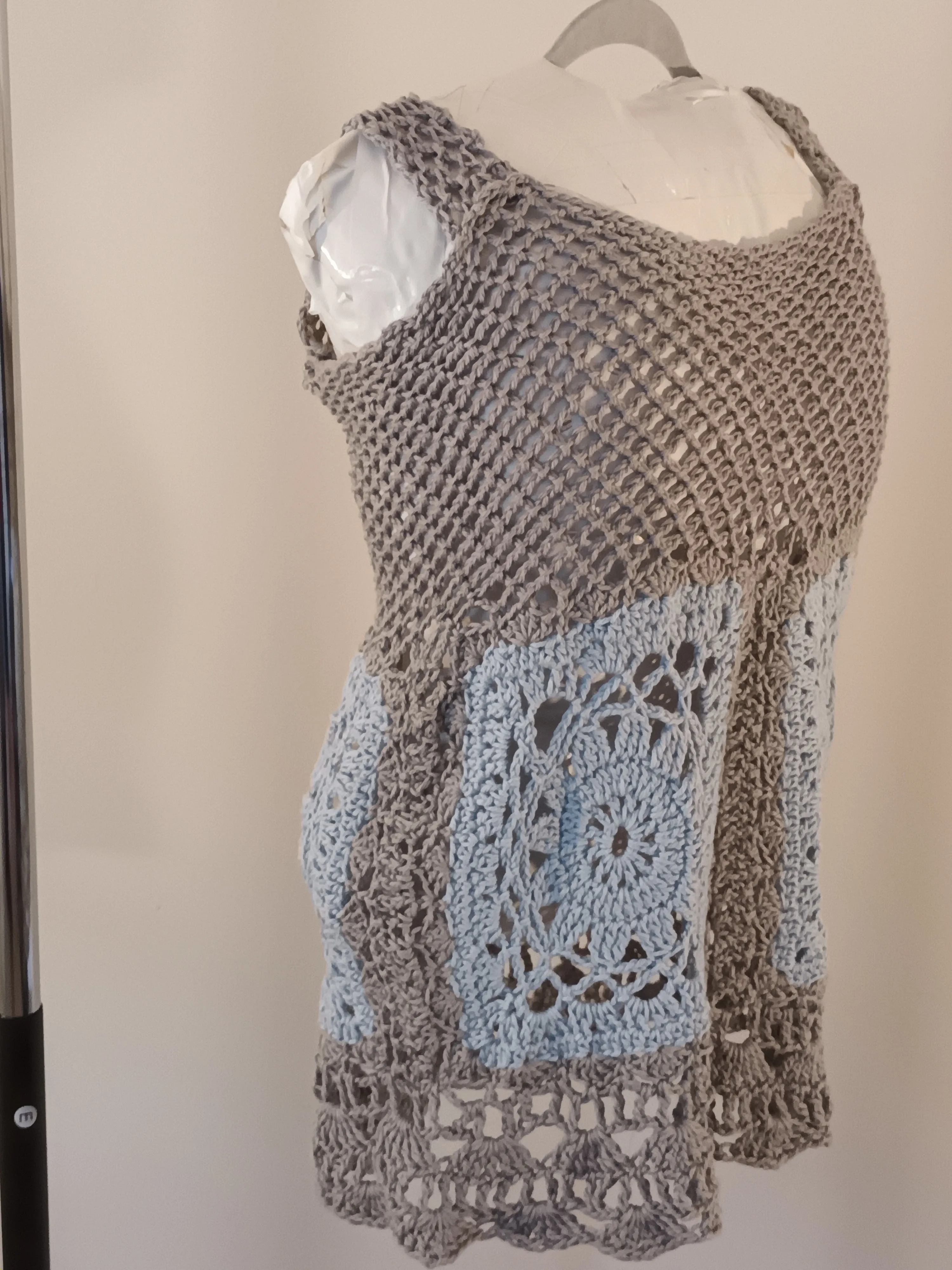 Lt.Blue & Gray Granny Square detail handmade crocheted tank top