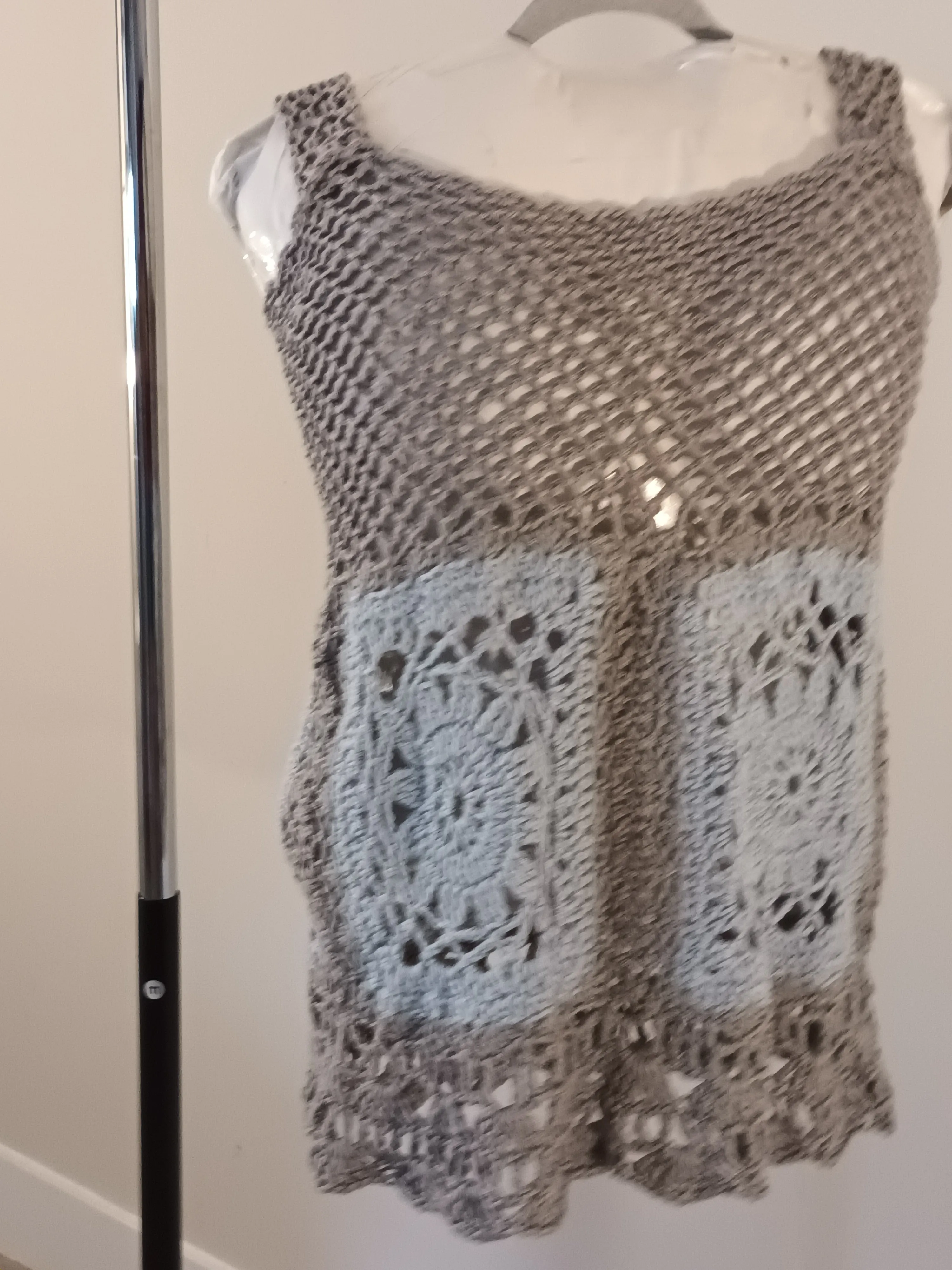 Lt.Blue & Gray Granny Square detail handmade crocheted tank top