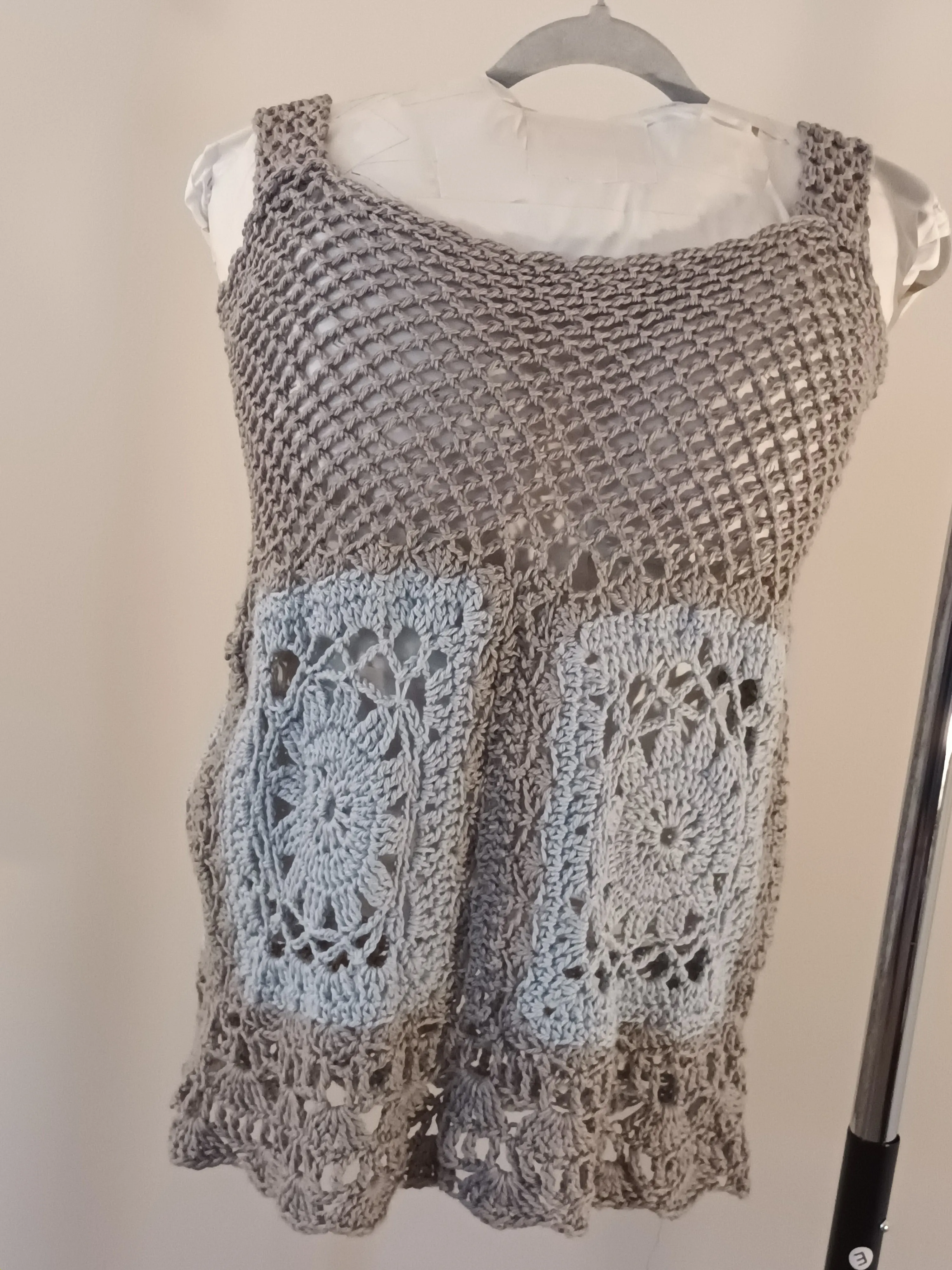 Lt.Blue & Gray Granny Square detail handmade crocheted tank top