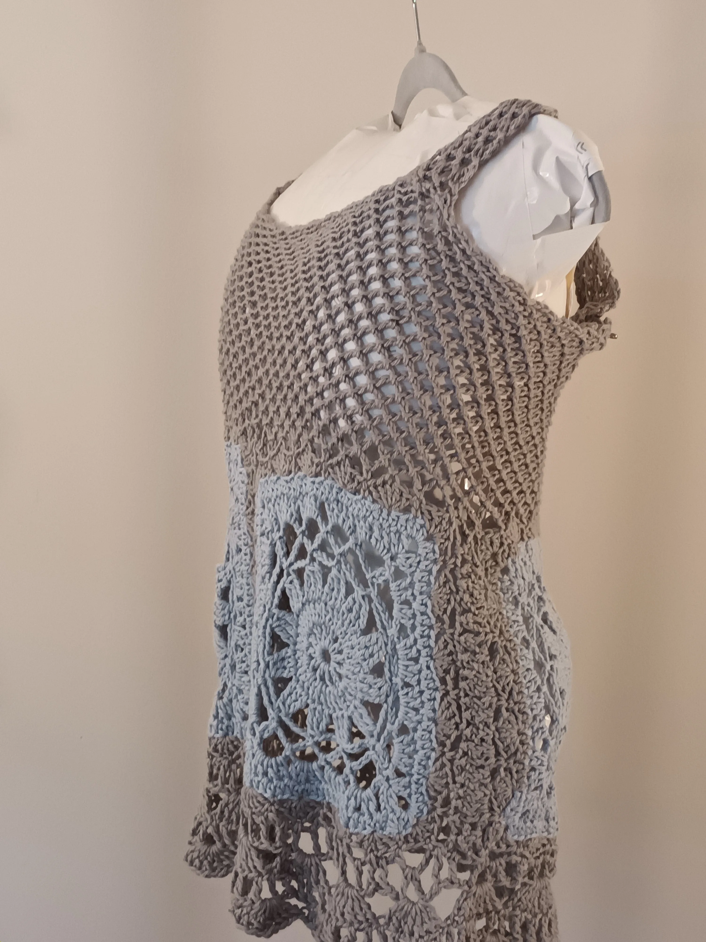 Lt.Blue & Gray Granny Square detail handmade crocheted tank top