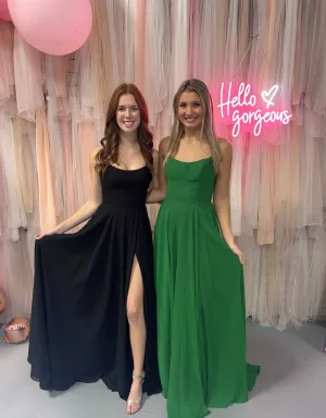 Lucci Lu 1173  Simple Elegant Chiffon Dress with Slit - Black or Emerald Green