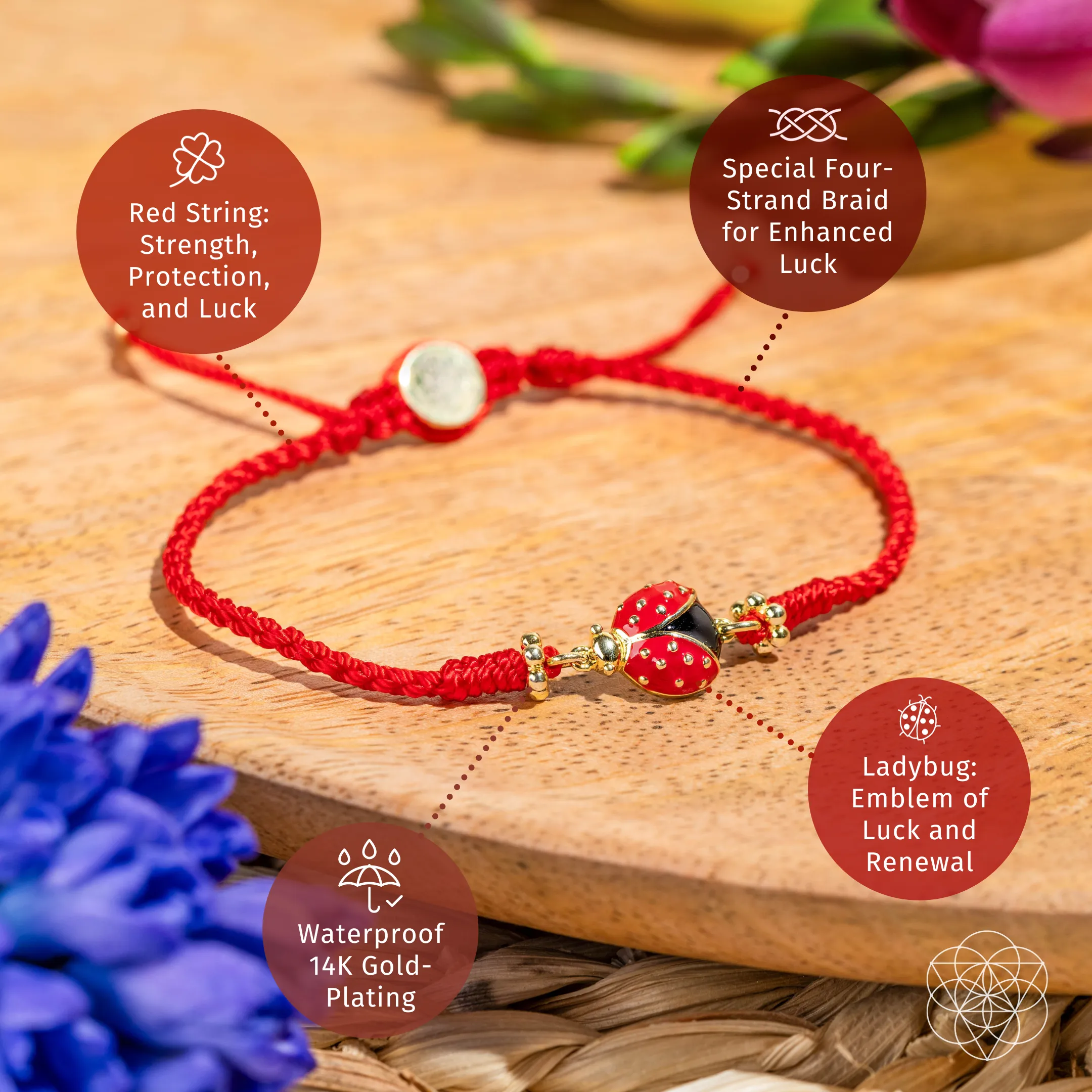 Lucky Ladybug - Four-Strand Red String Bracelet