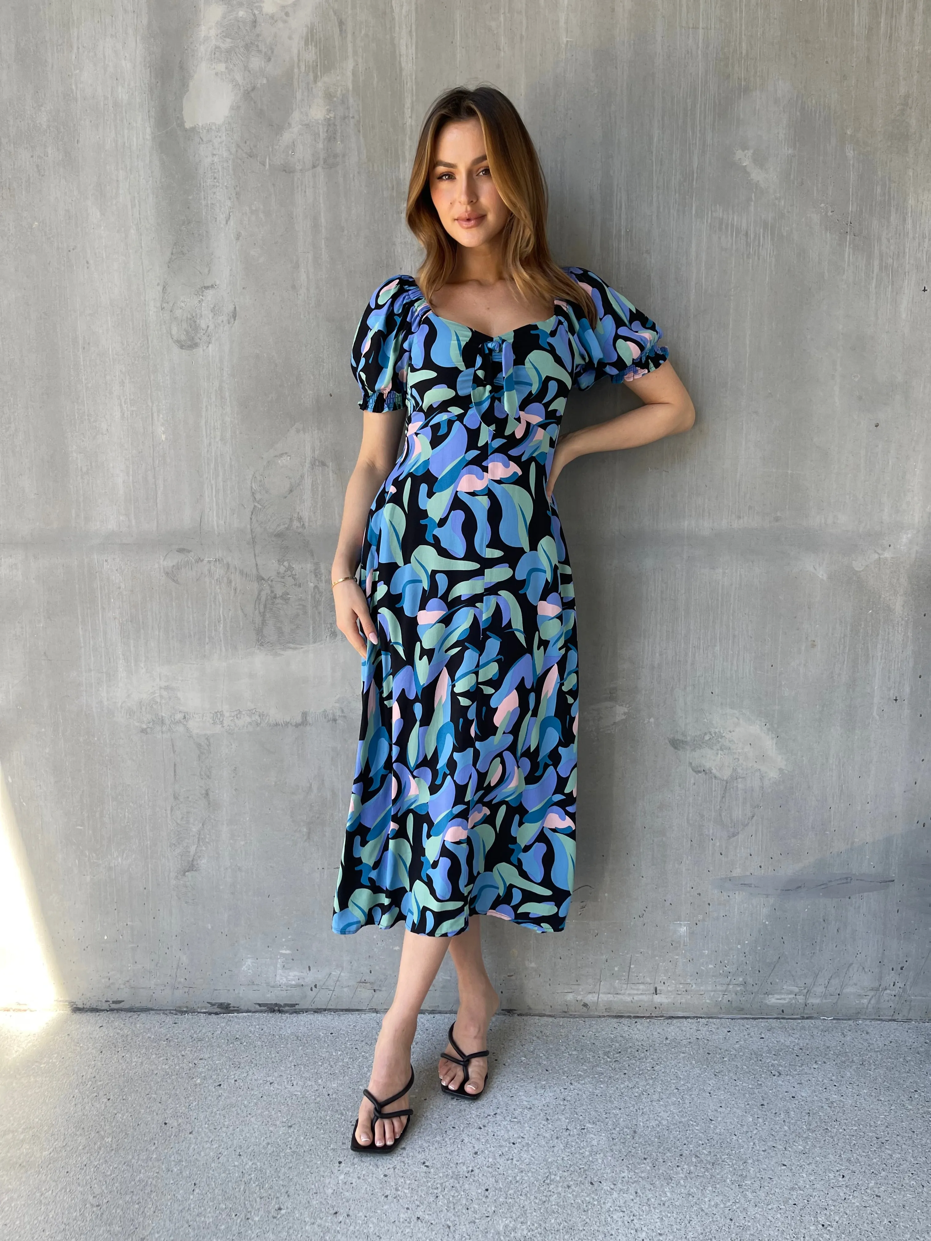 Lulu Tie Front Blue Multi Geo Print Midi Dress