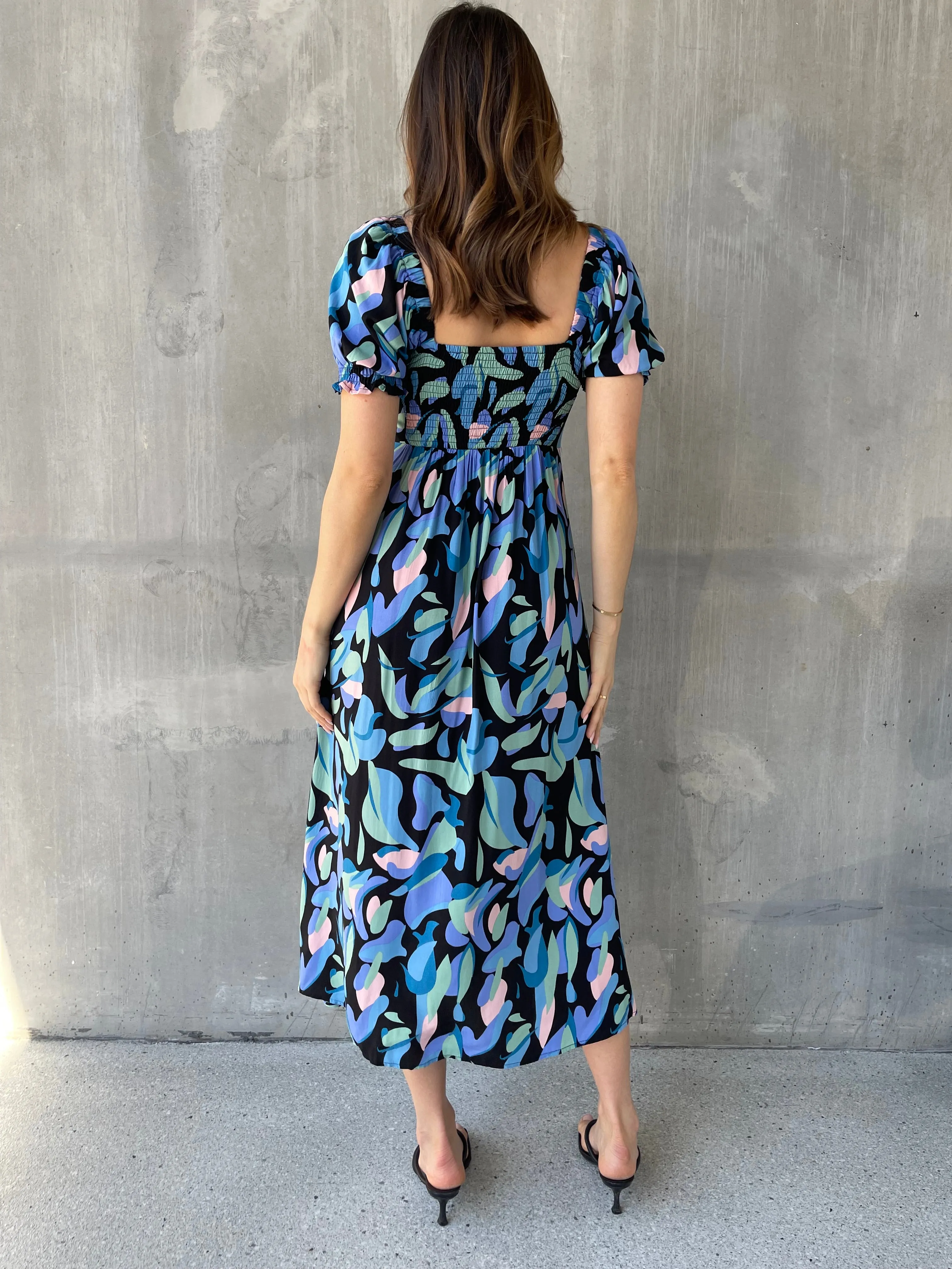 Lulu Tie Front Blue Multi Geo Print Midi Dress