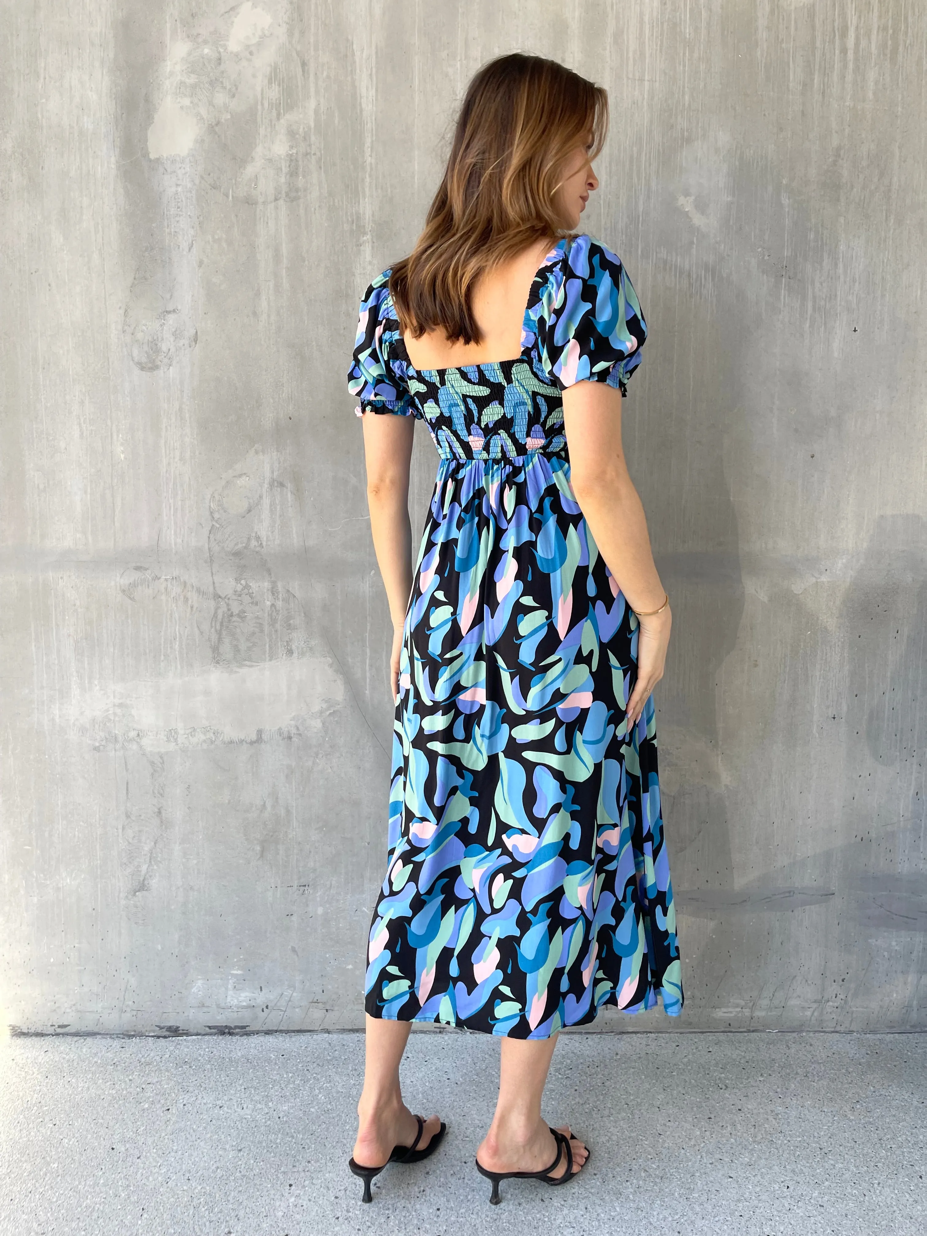 Lulu Tie Front Blue Multi Geo Print Midi Dress