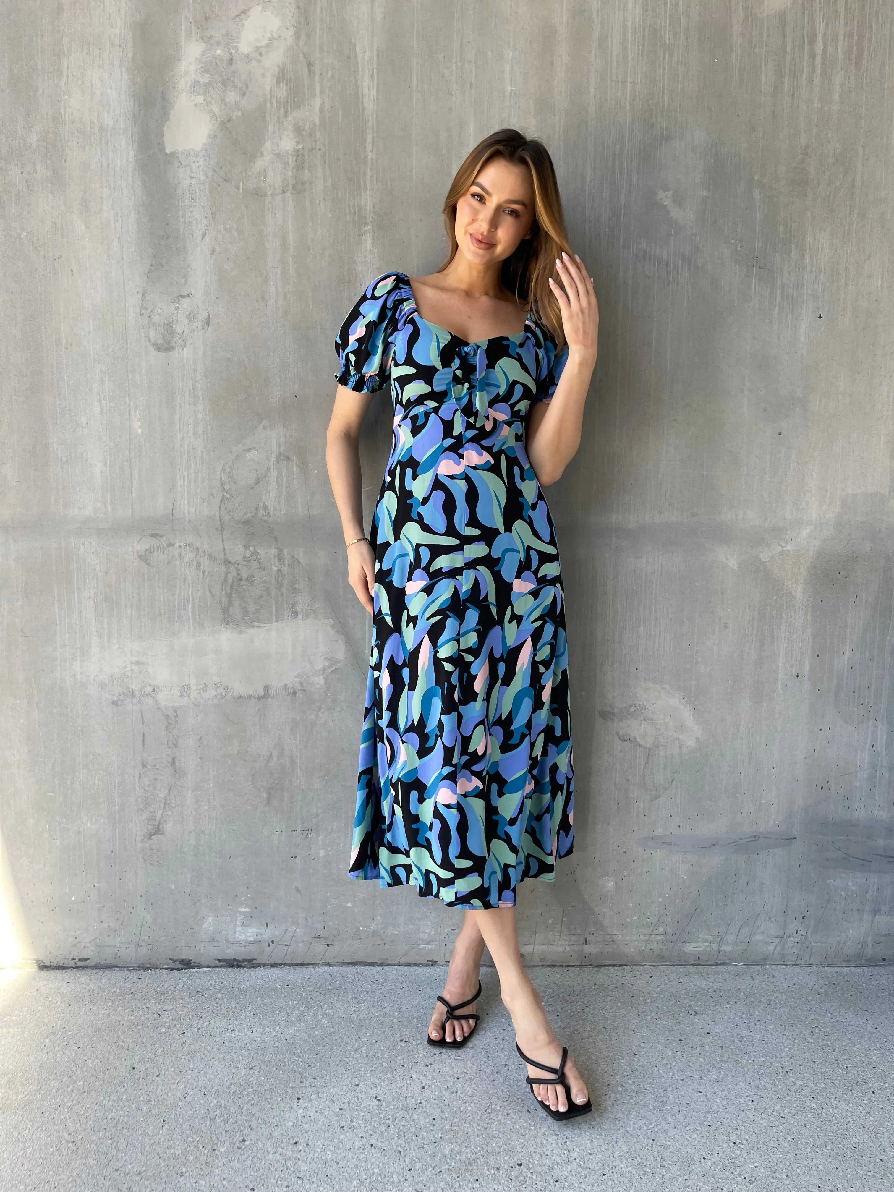 Lulu Tie Front Blue Multi Geo Print Midi Dress