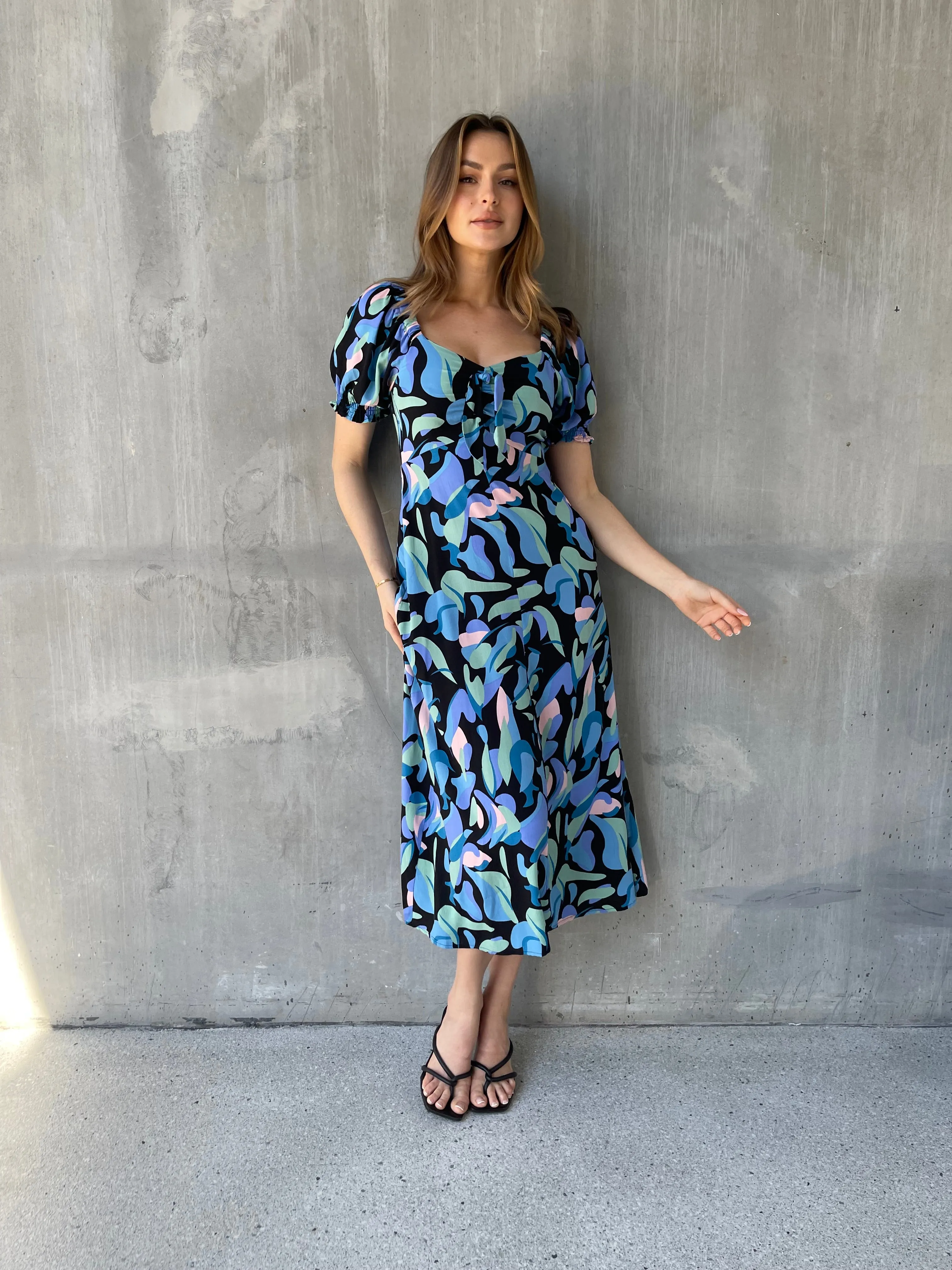 Lulu Tie Front Blue Multi Geo Print Midi Dress