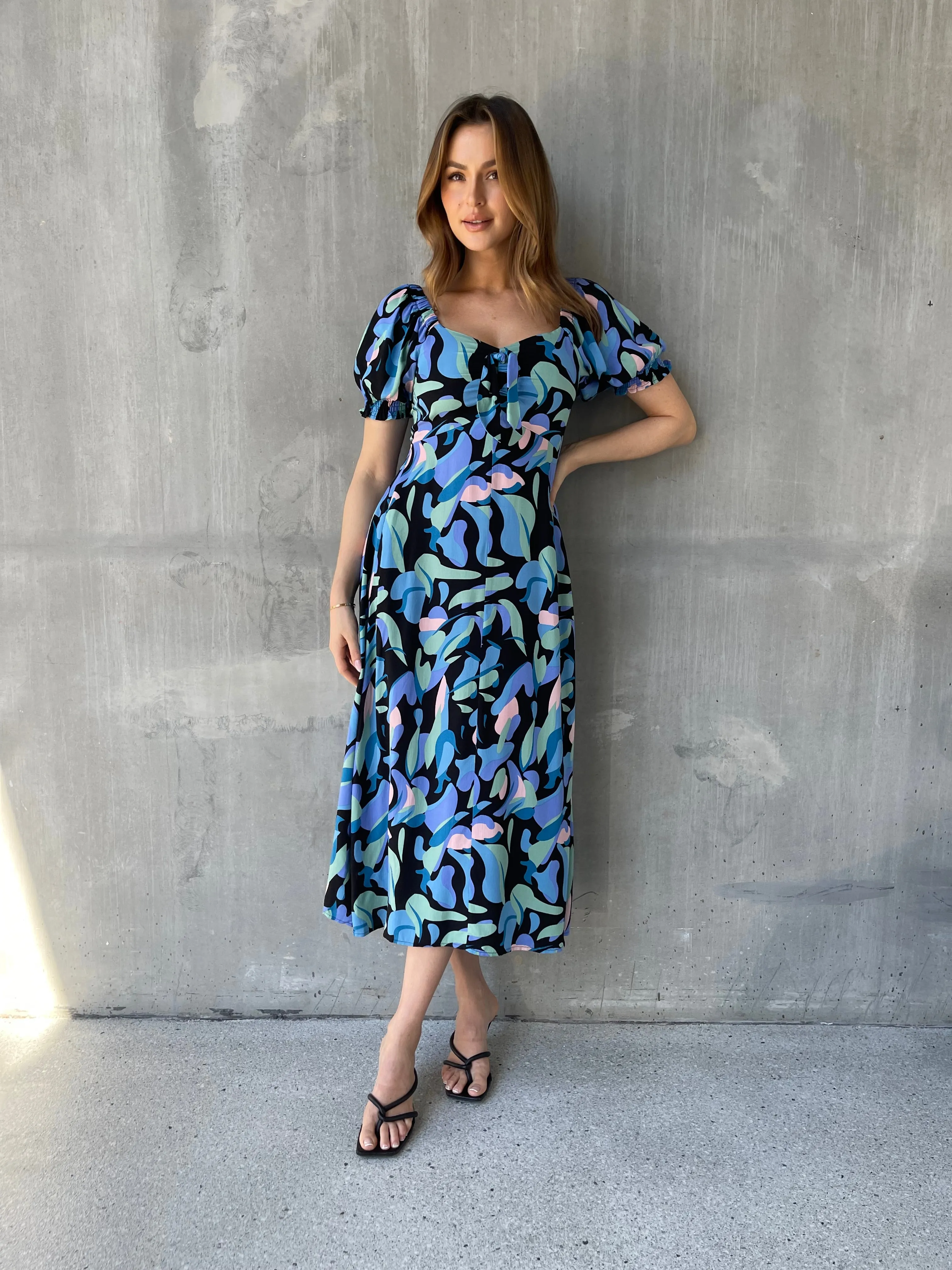 Lulu Tie Front Blue Multi Geo Print Midi Dress