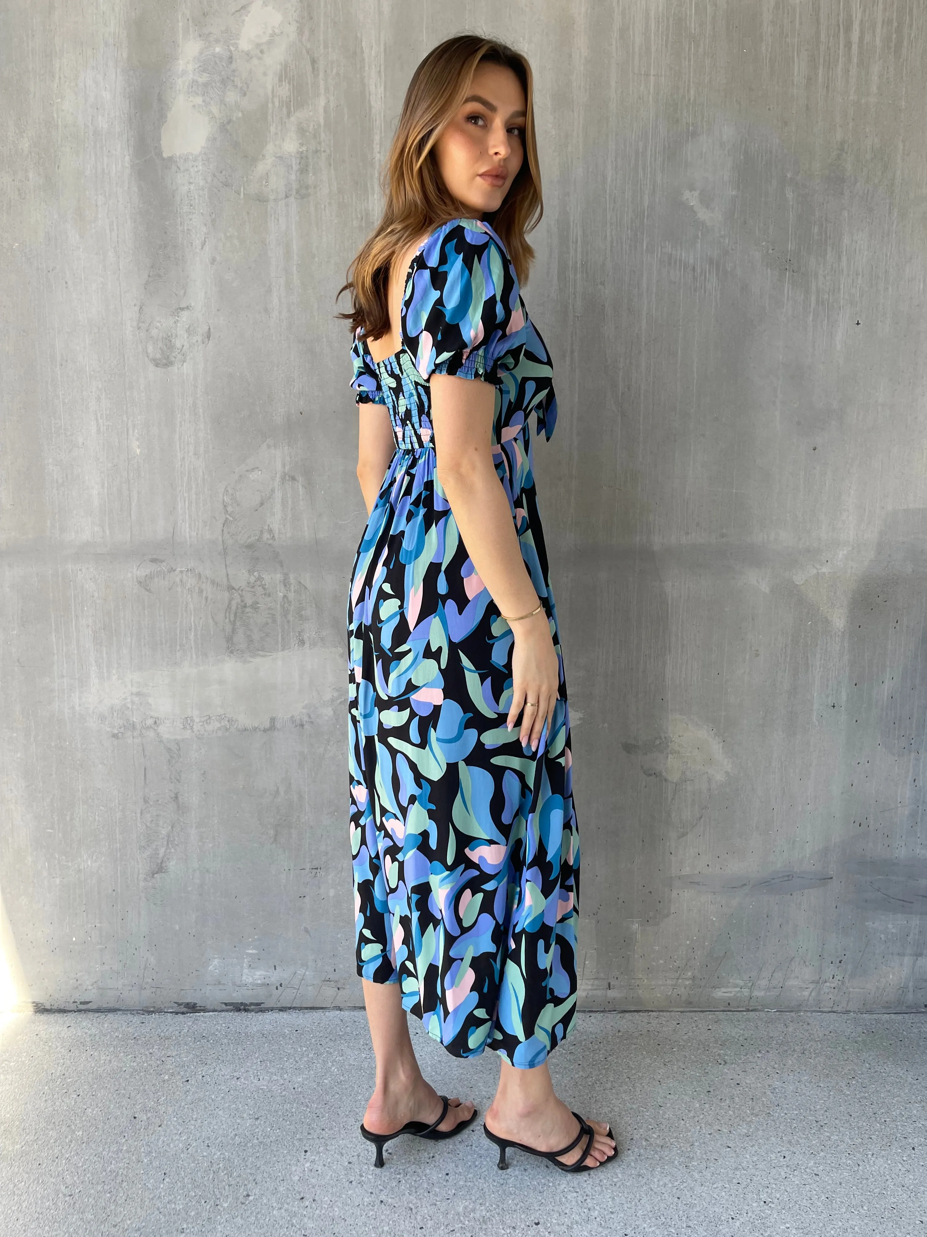 Lulu Tie Front Blue Multi Geo Print Midi Dress