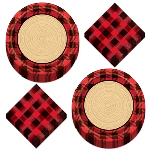 Lumberjack Party Supplies - Red and Black Buffalo Plaid & Wood Slice Paper Dinner Plates and Beverage Napkins (Serves 16)