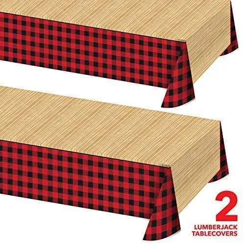 Lumberjack Party Supplies - Red and Black Buffalo Plaid &Wood Plastic Table Cover, 54" x 84" (2 Pack)