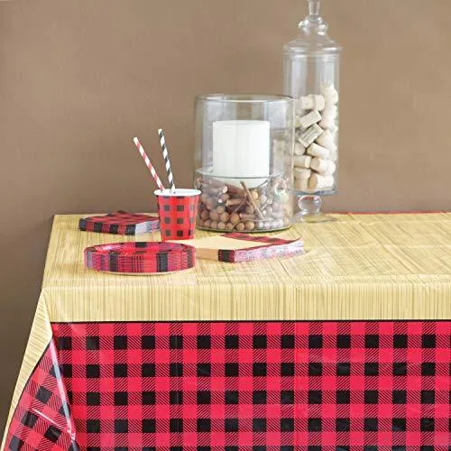 Lumberjack Party Supplies - Red and Black Buffalo Plaid &Wood Plastic Table Cover, 54" x 84" (2 Pack)