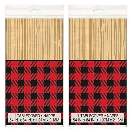 Lumberjack Party Supplies - Red and Black Buffalo Plaid &Wood Plastic Table Cover, 54" x 84" (2 Pack)