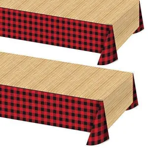 Lumberjack Party Supplies - Red and Black Buffalo Plaid &Wood Plastic Table Cover, 54" x 84" (2 Pack)