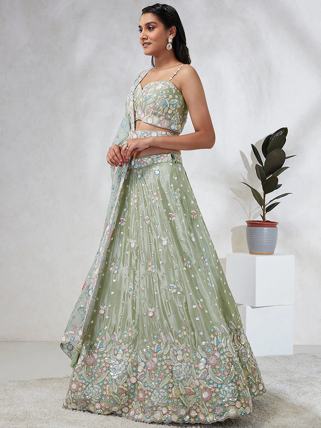 Luminous Lime Green Chiffon Lehenga Choli Set - Sequins & Thread Embroidery