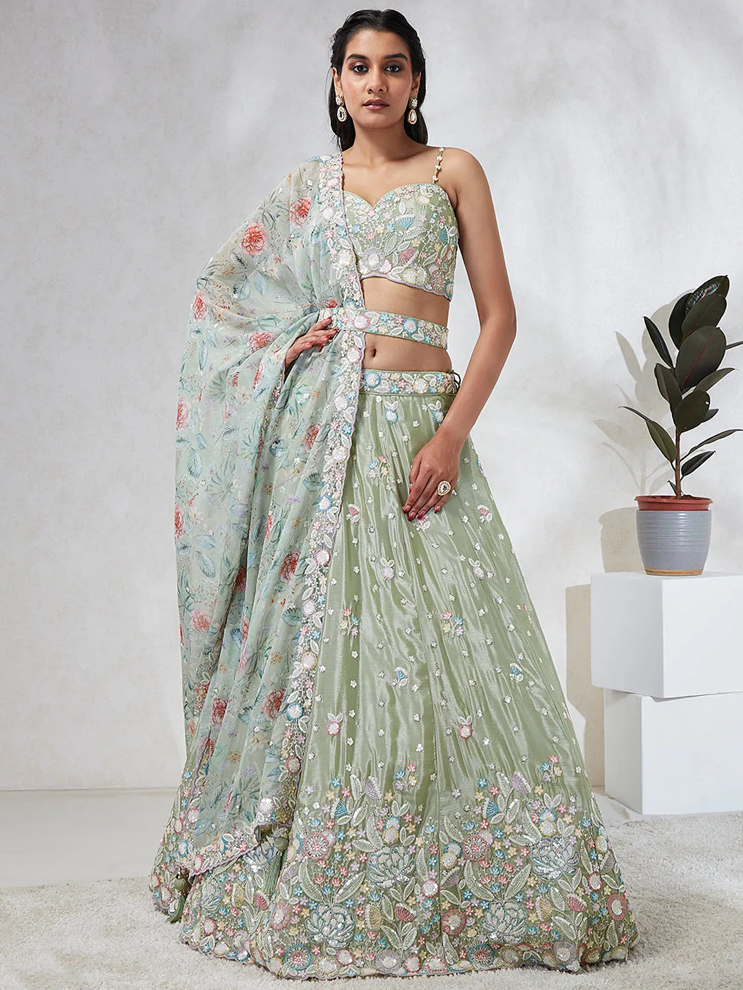 Luminous Lime Green Chiffon Lehenga Choli Set - Sequins & Thread Embroidery