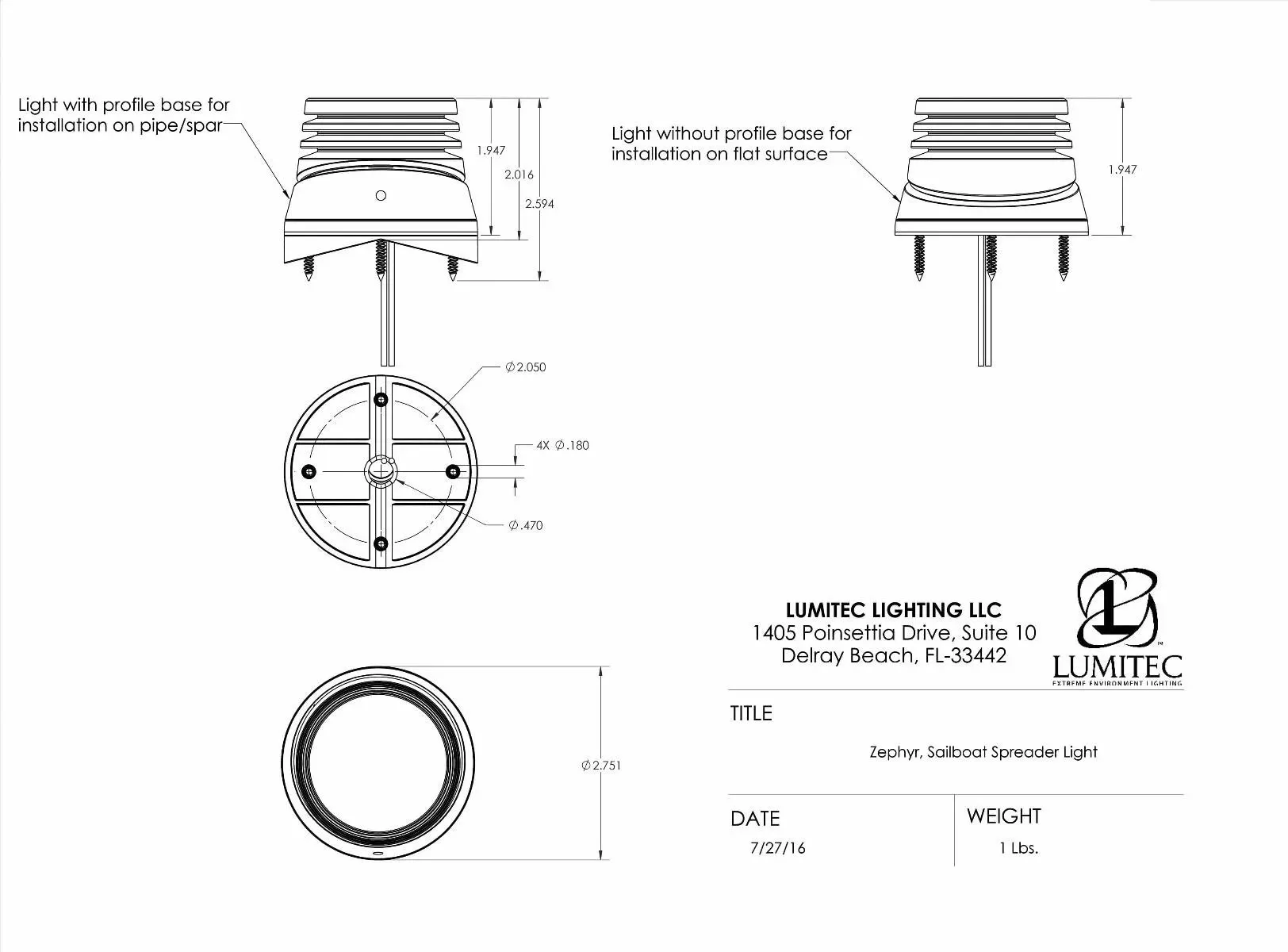 Lumitec Zephyr Deck Light White LED Spreader Light White Base