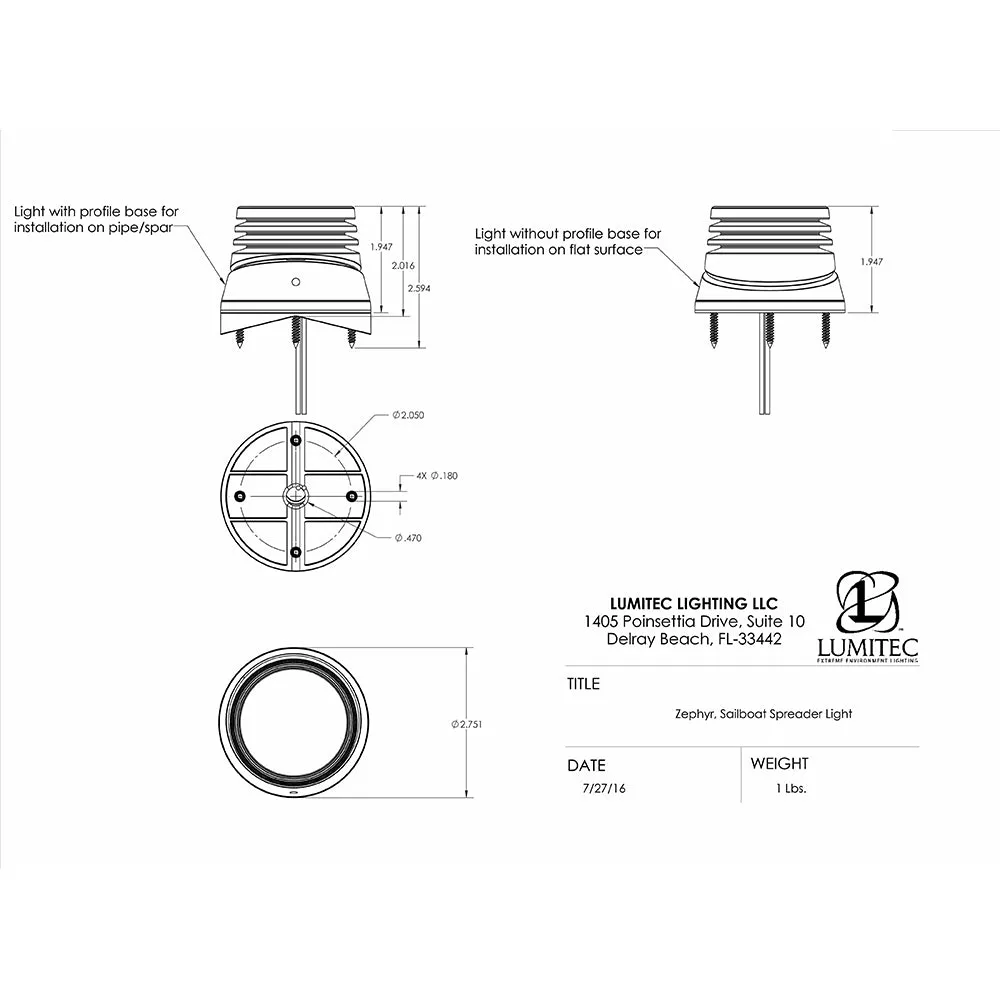 Lumitec Zephyr Deck Light White LED Spreader Light White Base