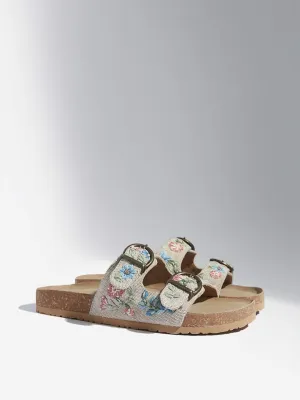 LUNA BLU Ivory Floral Embroidered Birken Slides