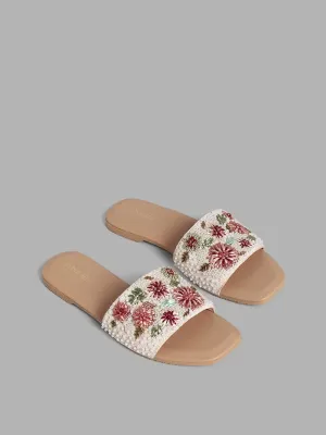 LUNA BLU Pearl Floral Embellished White Slides