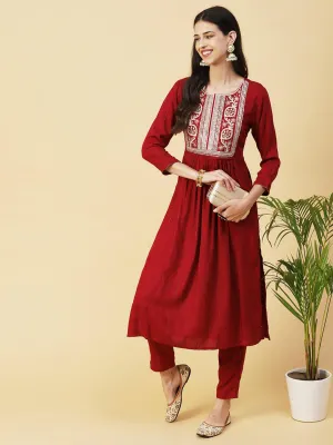 Lurex Striped Dobby Design Zari & Resham Embroidered Kurta With Pants - Maroon