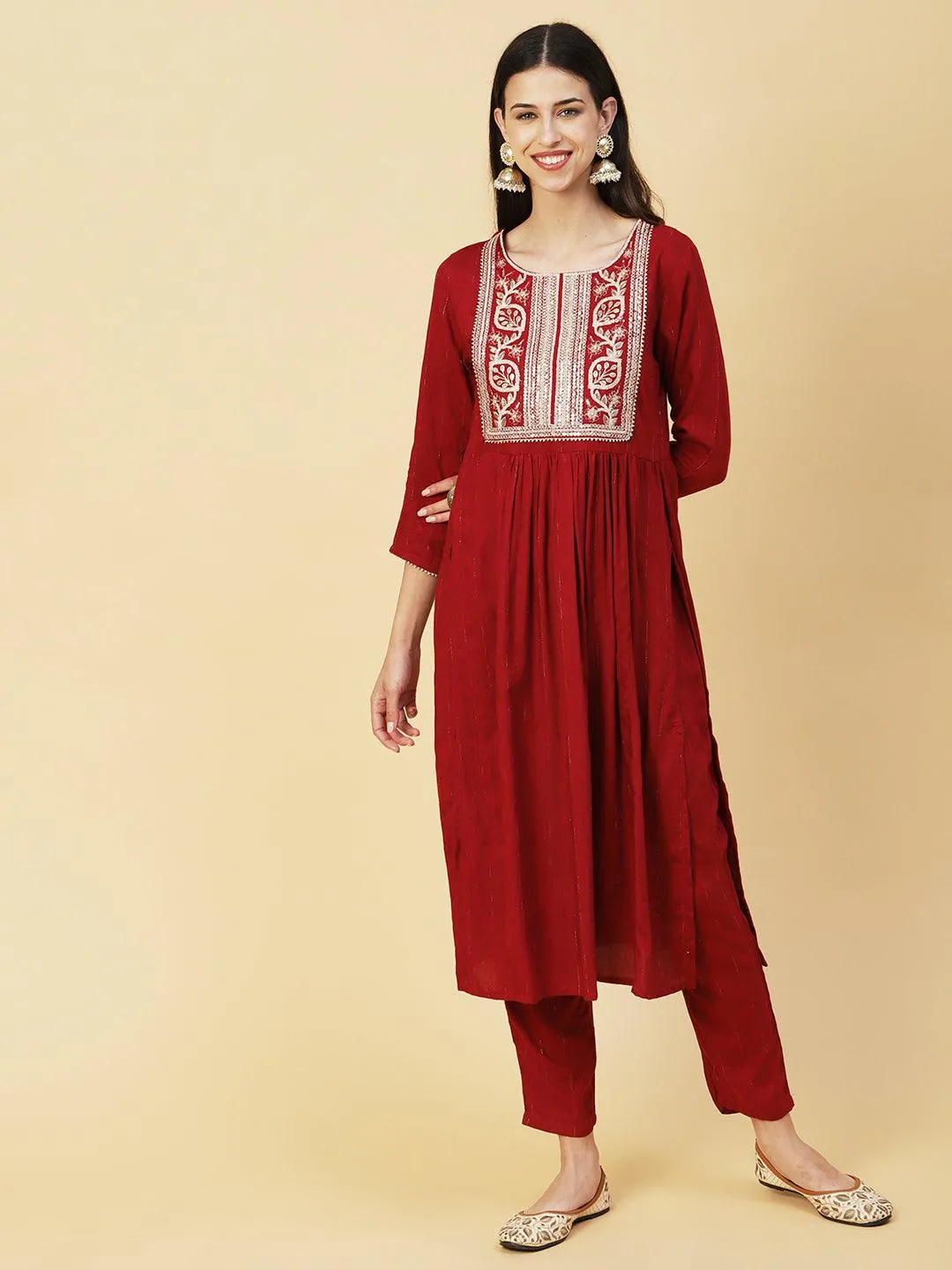 Lurex Striped Dobby Design Zari & Resham Embroidered Kurta With Pants - Maroon