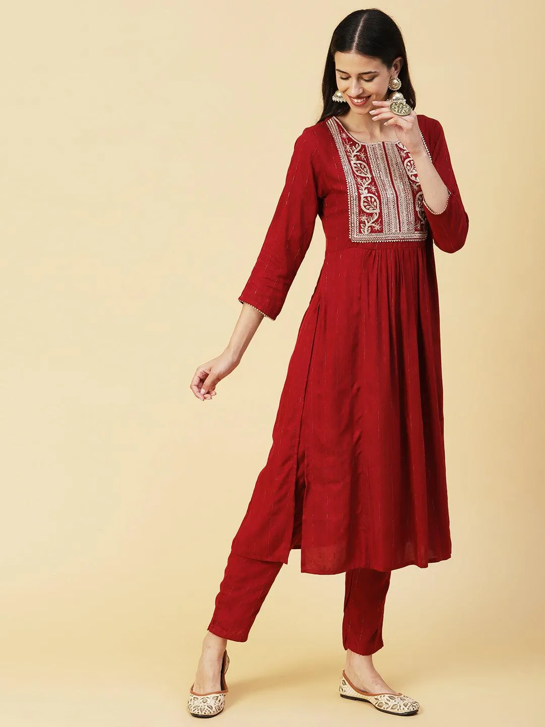 Lurex Striped Dobby Design Zari & Resham Embroidered Kurta With Pants - Maroon